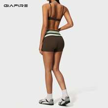 GIAFIRE 新款女款 2 件式運動套裝，包含細肩帶瑜珈內衣與高腰快乾休閒短褲，條紋休閒中長款短褲，適用跑步、戶外、海灘、健身、瑜珈與休閒 - 咖啡棕 - 查看 3