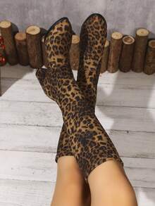 Leopard Print Suede Chunky Heel Mid-Calf Boots, Vintage Y2K Style Slimming Elastic Boots, Versatile Autumn/Winter Party Commute Fashion Boots - Leopard - View 7