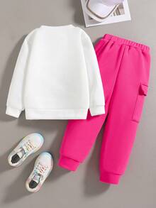 Young Girl Letter Print Crew Neck Sweatshirt And Cargo Sweatpants Casual Set - White - View 2