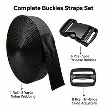 HSDOUBLE 10-50mm Buckles Straps Set 5 Yards Black Nylon Webbing Strap 4 Pcs Quick Side Release Plastic Buckle Adjustable 8pcs Tri-Glide Slide Clip - Complete Buckles Straps Set - View 7