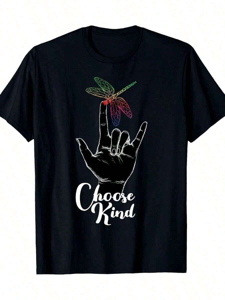 Camiseta de algodón estampada a para hombres, de manga corta, cuello redondo, top casual y versátil para primavera y verano, camiseta de fondo de esti - Schwarz - Übersicht 1