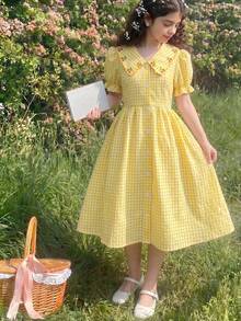 Girls' Summer Mid-Length Plaid Dress With Embroidered Large Collar, Puff Sleeves, A-Line Silhouette, Fresh And Sweet Summer Outfit - Yellow - View 5