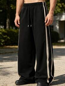 1pc Men's Spring/Autumn Soft Comfortable Breathable Straight Leg Running Jogging Fitness Casual Sports Long Pants Black - Black - View 9