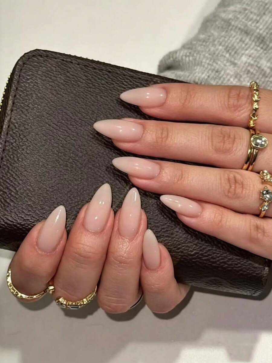 24pcs Minimalist Nude Solid Color Artificial Nails, Almond Shape, Includes 1 Adhesive Sheet And 1 Nail File, Suitable For Daily Wear - Multicolor - View 1
