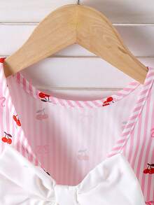 2pcs/Set Setelan Anak Perempuan Manis dan Imut dengan Atasan Camisole Berhiaskan Pita dan Renda, Celana Bergaris Pink Putih, Musim Panas - MultiWarna - View 3