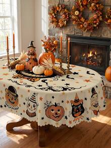 1pc-Halloween Tablecloth, Vintage Pumpkin Black Cat Moon Face Table Cover, Cute Witch Hat Star Bat Print Tablecloth, Fall Holiday Party Decor For Dining Table Kitchen, Indoor Outdoor Home Decor, Washable Reusable Table Cover - Multicolor - View 3