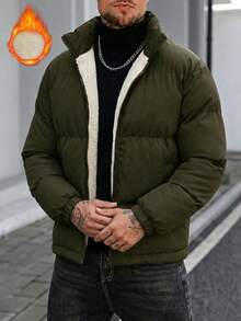 男士極簡純色立領防風保暖羊羔絨內裡加厚保暖外套 - 軍綠色 - 查看 4