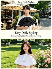 Solid Color Folding Hand Fan, 17-Inch Lightweight Fabric Handheld Fan, Plastic Fan Ribs, Portable Cooling Fan, Suitable For Wedding Party Decoration, Summer Daily Photography Props - A - View 5