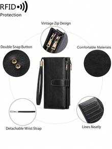 MIYIN Fashionable Retro Women's Everyday Multifunctional Large Capacity Tri-Fold RFID Blocking Credit Card Holder Wallet, Can Hold Credit Cards/ID/Coins/Cash/Receipts, Women's Dual Zipper Clutch Purse, Birthday/Anniversary Gift, Men's Wallet, Long Wallet, Wrist Wallet - Black - View 9