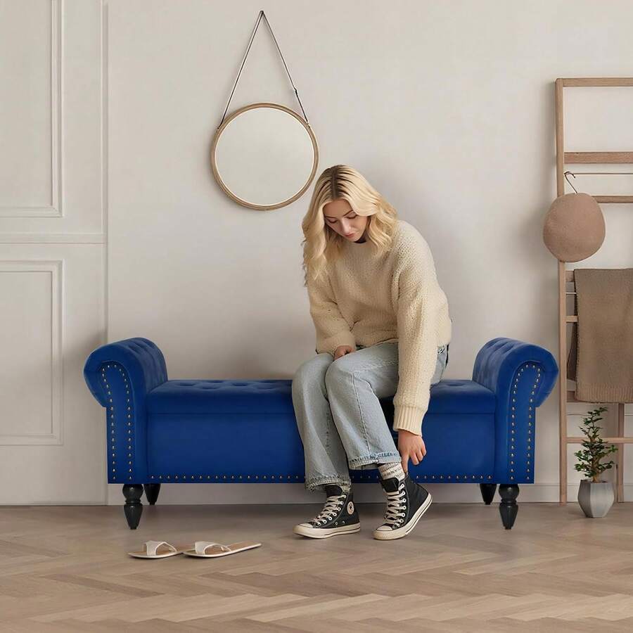 Ottoman Storage Bench,Sofa Bench,Foot Rest Stool,Velvet End Of Bed Bench,Storage Box With Lid, Entryway Bench,168 KG Load Capacity - Royal Blue - View 1