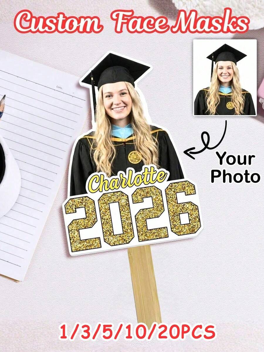 1/3/5/10/20pcs Customized Graduation Photo Fan, Personalized Photo Glitter Name Fan, Bachelor's Gown, Graduation Ceremony Decoration, Back To School Gift Photo Booth Prop For Teen