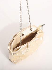 SCULPTEDSTYLE BAGS 1件香檳色緞面軟雲朵手拿包女款，奢華珍珠裝飾串珠百褶手提包，輕奢晚宴包，附鏈條背帶，適合正式場合、舞會、晚會 - 香檳色 - 查看 6