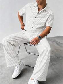 男士時尚細條紋短袖襯衫與百褶寬腿長褲套裝，適合夏季度假、休閒、辦公穿著、海灘、戶外、旅行，送給父親與丈夫的禮物 - 白色 - 查看 5