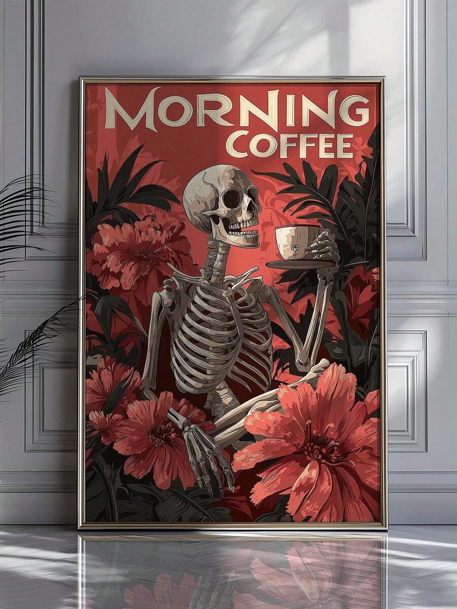 1 peça, Arte de Parede em Tela, Decoração de Parede Emoldurada, Pintura em Tela Vintage com Caveira de Café Bom Dia e Flor Vermelha, Pôster Decorativo Sem Moldura Estilo Gótico Dark Academia Popular, Decoração de Bar de Café, Decoração de Casa Moderna, Decoração de Quarto, Decoração de Dormitório, Decoração de Quarto, Decoração de Sala de Estar, Decoração de Banheiro - Caveira de Café - Visão 1