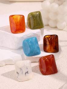Set 6 buah cincin resin berwarna-warni, serbaguna, personal, modis, geometris, minimalis, lebar, dan berlebihan untuk wanita, cocok untuk pemakaian sehari-hari, liburan, dan pesta. - MultiWarna - View 6