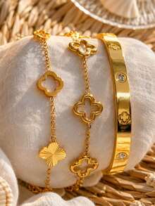 ZCNC Znice 2026 New 304 Stainless Steel 18K Gold Plated Flower Bracelet Set, Hollow 3D Design, Laser Flower, Suitable For Daily Wear And Gatherings, Perfect Gift For Mother And Daughter, Christmas Gift - Gold - View 3