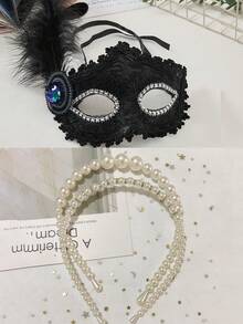 青少年舞會面具＋珍珠髮箍套組，青少年珍珠髮飾，舞會裝飾，舞會髮飾，羽毛面具，側羽面具化裝帽，威尼斯小公主面具，節慶派對，舞台表演道具，畢業舞會，開學舞會 - 彩色 - 查看 13