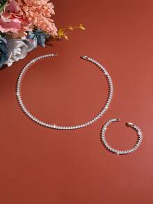 Ensemble de 3 pièces de bijoux style minimaliste de mariée, chaîne de tennis en strass, trois couleurs au choix, ensemble complet avec boucles d'oreilles, collier et bracelet, accessoires pour robe sans bretelles pour femmes, collier pour femmes, boucles d'oreilles pour femmes, bracelet pour femmes, accessoires pour femmes, ensemble de bijoux pour femmes - Argent - Voir 3