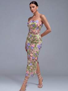 Elegant Women's 3D Floral Strapless Bodycon Fitted Party Dress - Multicolor - View 4