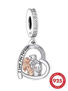 1pc S925 Sterling Silver Zirconia Inlaid Dual-Color Hugging Couple Heart Pendant Engraved "I Love You Forever" DIY Versatile Bracelet Beads - Silver - View 1