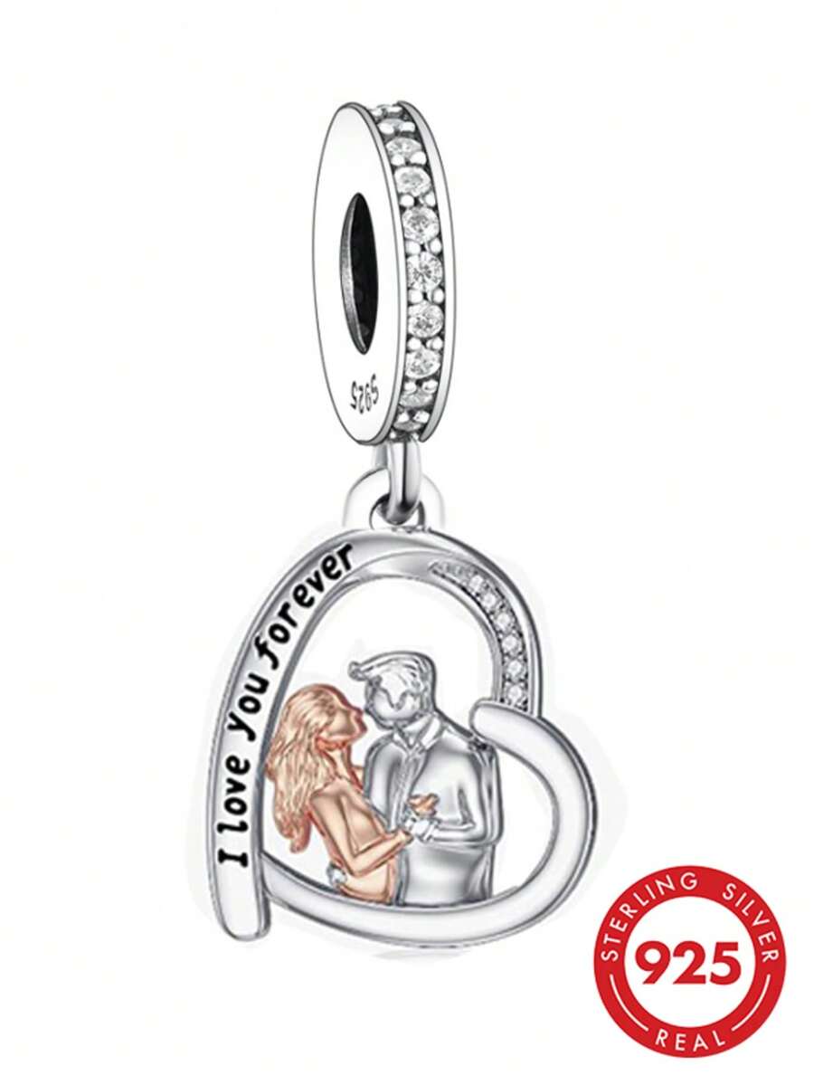 1pc S925 Sterling Silver Zirconia Inlaid Dual-Color Hugging Couple Heart Pendant Engraved "I Love You Forever" DIY Versatile Bracelet Beads - Silver - View 1