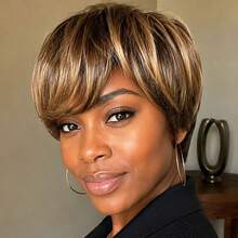 AMECIRE Brown Wig Straight Hair Wig Mixed Color Wig Human Hair Wigs Pixie Cut Wig Women's Short Hair Wig With Bangs Family Costume Wig Elastic Mesh Cap Suitable For Everyday Wear - S4/27 - View 3