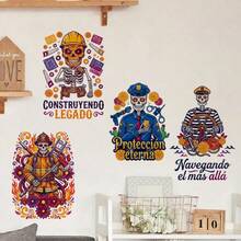 4pcs Day Of The Dead Skeleton Professions With Flowers And Spanish Text Window Sticker Cartoon Design Firefighter Construction Worker Sailor Police Self-Adhesive Easy Peel Stick Matte Finish For Window Glass Surface Halloween Decoration - A - View 6