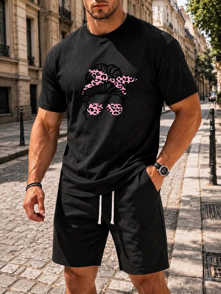 Men Urban Graphic Print T-Shirt Cotton Tee - 黑色 - 查看 1