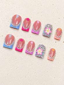 10PCS Handmade Press On Nails Summer Y2K Nail Kit, Short Square Press On Nails Acrylic Fake Nails, Colorful French Tip Rhinestone 3D Flower Nail Art, Bling Tropical Nails Press On For Beach Vacation Party - Multicolor - View 4