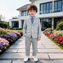 3pcs Young Boy's Suit Set (Jacket + Pants + Tie), Formal Outfit For Piano Performance, Wedding, Ceremony - Grey - View 3