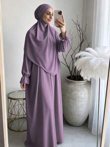 柔軟布料 Khimar 長袍套裝，寬鬆大尺碼長袖保守全身長洋裝，適合中東女性日常街頭穿著 - 彩色 - 查看 16