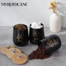 Myrothcane 3Pcs Black Ceramic Coffee Sugar Tea Canister Set, Airtight Bamboo Lid Storage Jars With Gold Letter Print, Kitchen Countertop Food Containers For Coffee Beans Tea Leaves Sugar Cubes, Modern Farmhouse Kitchen Decor Organizer - Black - View 11
