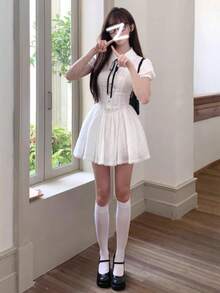 [Spring/Summer New Arrival College JK Outfit] Polo Collar Shirt Dress With Waist-Cinching Pleated A-Line Mini Skirt - Sweet And Spicy Design Slimming - White AH17-2 - View 4