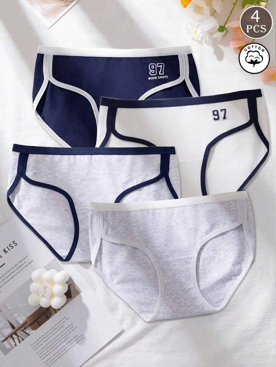 4件組女款棉質柔軟舒適大學風無縫中腰三角內褲,休閒運動風對比色字母印花短褲 - 彩色 - 查看 1