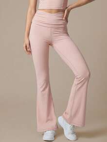 2pcs Women's Sports Set Square Neck Backless Soft Slim Fit Yoga Tank Top With Ruched Folded Waist High Waist Flare Yoga Pants - Pink - View 10
