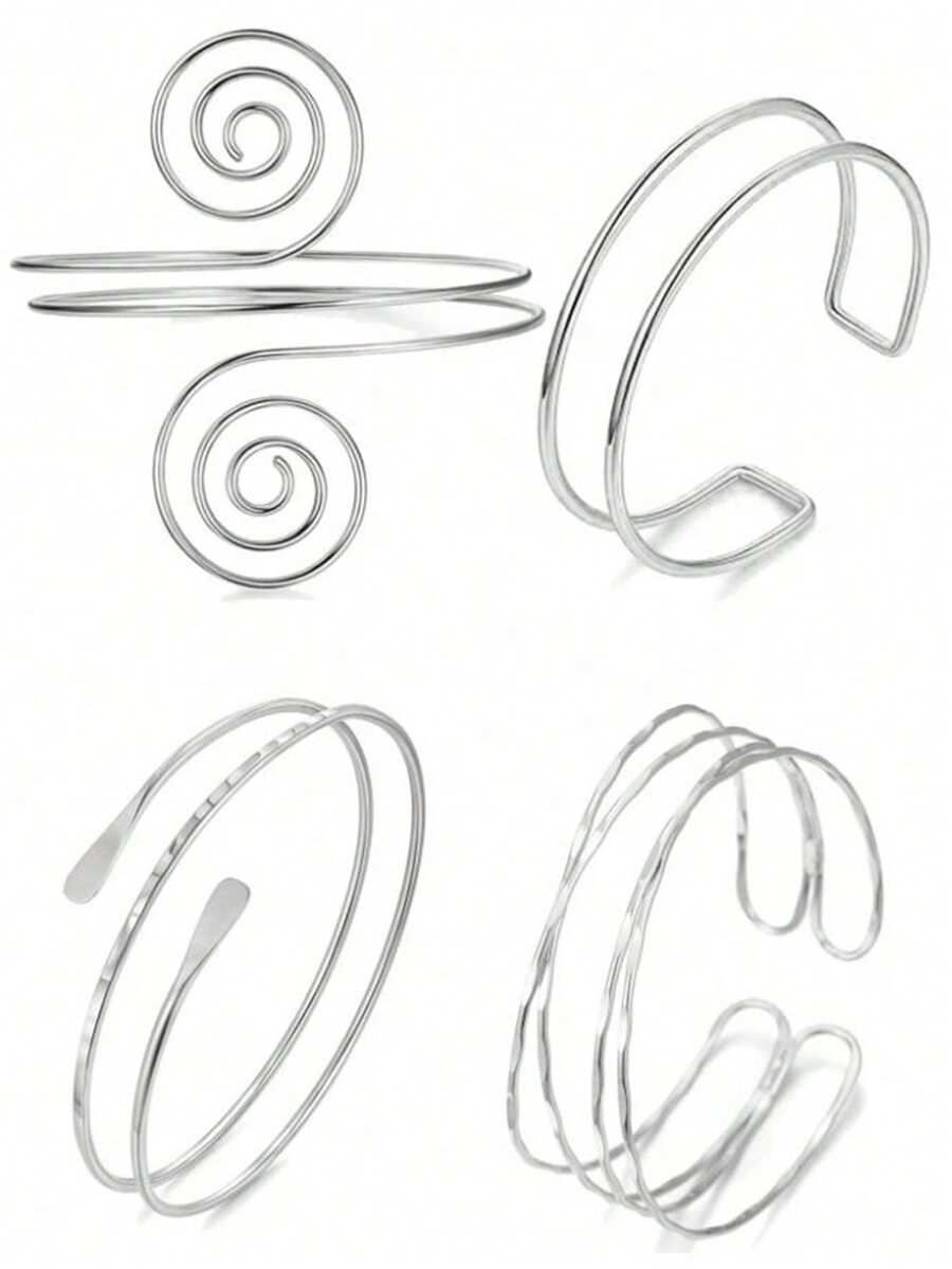 4pcs/Set Minimalist Metal Arm Cuff Bracelets, Adjustable Arm Rings, Suitable For Daily Wear, Street Style And Vacation - Silver - View 1