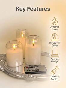 Flameless LED Pillar Candles With Remote Control And Timer, 3-Pack Transparent Battery Operated Candles, Classic Elegant Home Decor, Realistic 3D Flickering Wick, Suitable For Wedding, Christmas Fireplace Mantel, Shelves, White - White - View 6