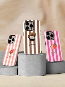 1 pieza Funda de teléfono personalizada con estilo de acuarela fresca de frutas a rayas, color y patrón personalizables, firma personalizada y frase corta, regalo de aniversario, regalo del Día de San Valentín, regalo de cumpleaños, regalo de boda, regalo del Día de la Madre, regalo del Día del Padre, regalo para mejor amigo, regalo para mamá/papá, regalo para novio, regalo para novia, funda protectora de carcasa dura con película brillante de cobertura completa 2 en 1, compatible con iPhone 11/12/13/14/15/16/17 Pro Max - Multicolor - Ver 4