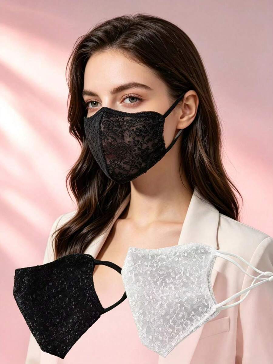3pcs/1PC Women's Elegant Floral Lace Face Mask, 3D Breathable Fashion Sun Protection Shield, Washable & Reusable Soft Ear Loop Decorative Mask For Daily Outdoor Driving Dating - Multicolor - View 1