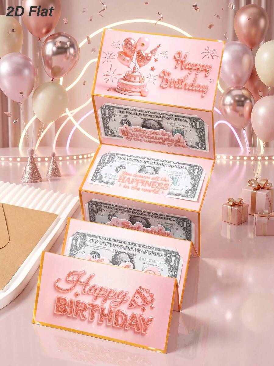 1組玫瑰金亮片生日折疊現金卡與信封，蛋糕與氣球3D字母設計，生日現金卡，送給母親與朋友的禮物，生日驚喜惡作劇與禮物，粉色主題生日派對，生日派對用品