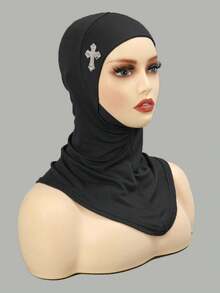 1pc High Quality Cross Rhinestone Muslim Women Elegant Headscarf, Versatile Style Suitable For Daily Casual Outings - Black - View 6