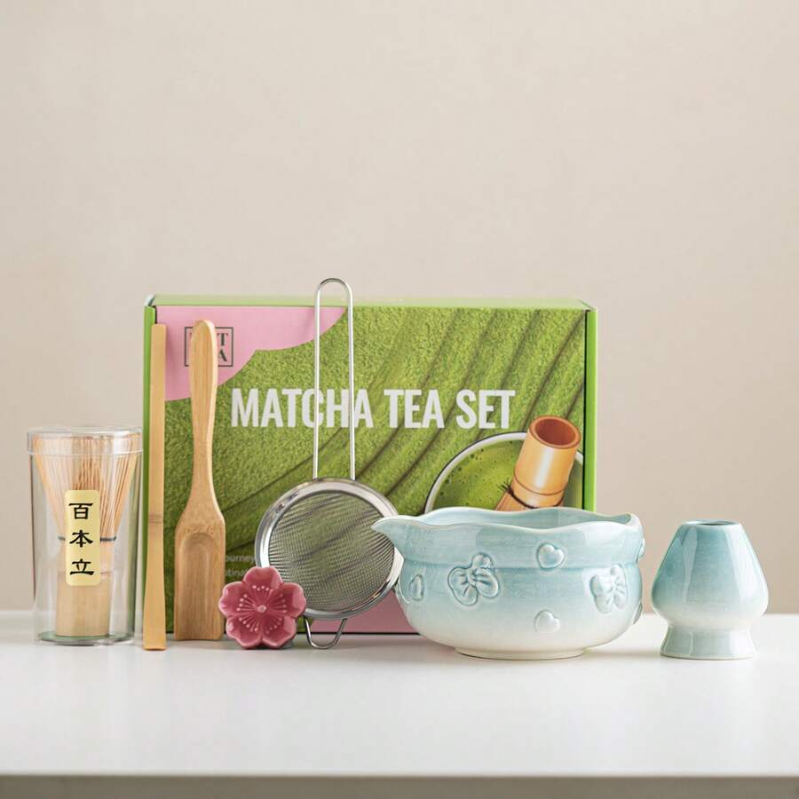 1pc/7pcs Bow Heart Matcha Tea Set With Spout, Includes Matcha Bowl, Matcha Whisk, Tea Strainer, Matcha Cup, Stirrer, Tea Spoon, Tea Bowl Set, Matcha Preparation Tools, Dessert And Beverage Making Tools, Japanese Style Gift Box, Matsudai Matcha Stirring Set, Gift For Matcha Lovers, Back To School Set, Holiday Gift Set - Multicolor - View 1