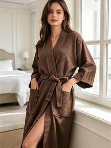 1件女款純棉華夫格針織浴袍，柔軟吸水和服風晨袍，適用居家、SPA、酒店，情人節禮物 - 棕色 - 查看 8
