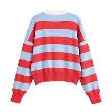 ZAHM Women's Loose Cropped Color Block Long-Sleeve Knit Top With Red, White And Blue Striped Polo Collar - Multicolor - View 9