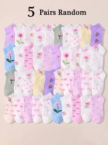 20 Pairs Girls Ankle Socks Ages 1-16, Sweet Bow & Ditsy Floral Print Pastel Macaron Low-Cut School Socks, Casual Athletic Daily Wear For Girls & Teens - Multicolor - View 24
