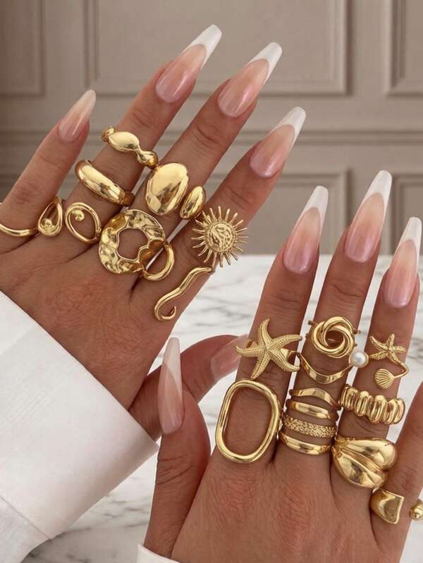 17/9pcs Bohemian Vacation Style Geometric Asymmetrical Starfish Sun Faux Pearl Multi- Metal Ring Set, Sweet Cool Girl Ins Ocean Stackable Rings, Holiday Gift, Beach Vacation, Birthday Gift Exquisite Jewelry