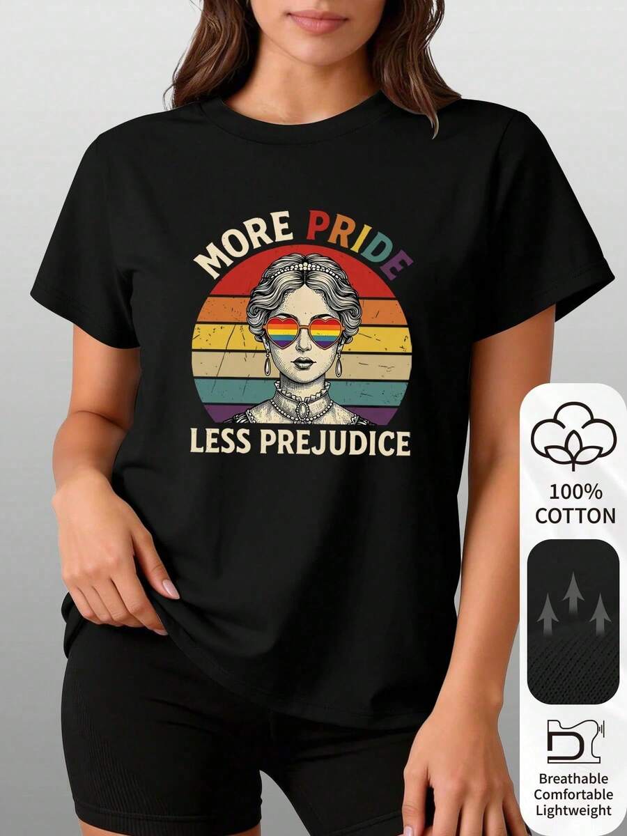 100% Pure , Printed With A Rainbow Background And A Female Figure Wearing Rainbow , Along With The Words "MORE PRIDE LESS PREJUDICE." Round-Neck Short - Negro - Ver 1