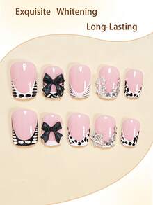 24pcs Rectangular Nail Stickers Instantly Elevate Your Look! Elegant Minimalist Black French Nails, White Polka Dots Black Stripes, 3D Black Bow, Silver Stars, Dollar Sign, Shiny Rhinestone Design, Pink Nails, Fashionable White French Nails, Black Polka Dots Black And White Cow Print, Leopard Print Nails, Full Coverage Fake Nails Set, Suitable For Women And Girls. Set Includes 1pc Jelly Glue + 1pc Nail File, Jelly Glue Randomly Shipped. - Black and White - View 3