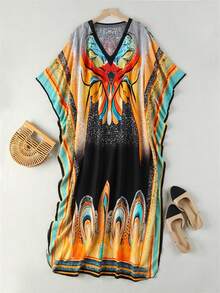 Women's Abstract Print Kaftan Maxi Dress, V Neck Batwing Sleeve, Side Split Boho Beach Cover Up, Loose Fall Vacation Party Wedding Holiday Plus Size - Multicolor - View 2