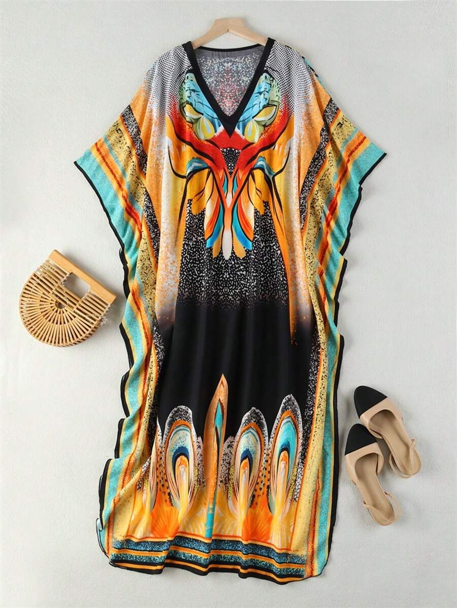 Women's Abstract Print Kaftan Maxi Dress, V Neck Batwing Sleeve, Side Split Boho Beach Cover Up, Loose Fall Vacation Party Wedding Holiday Plus Size